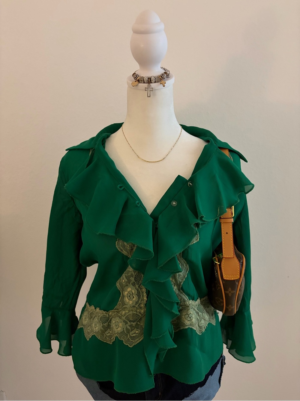 Jaipur Emerald Green Ruffle Lace-Trim Blouse